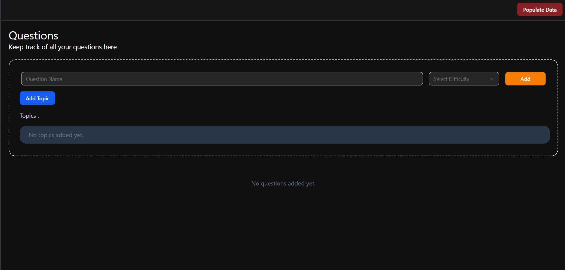 Question manager dashboard UI